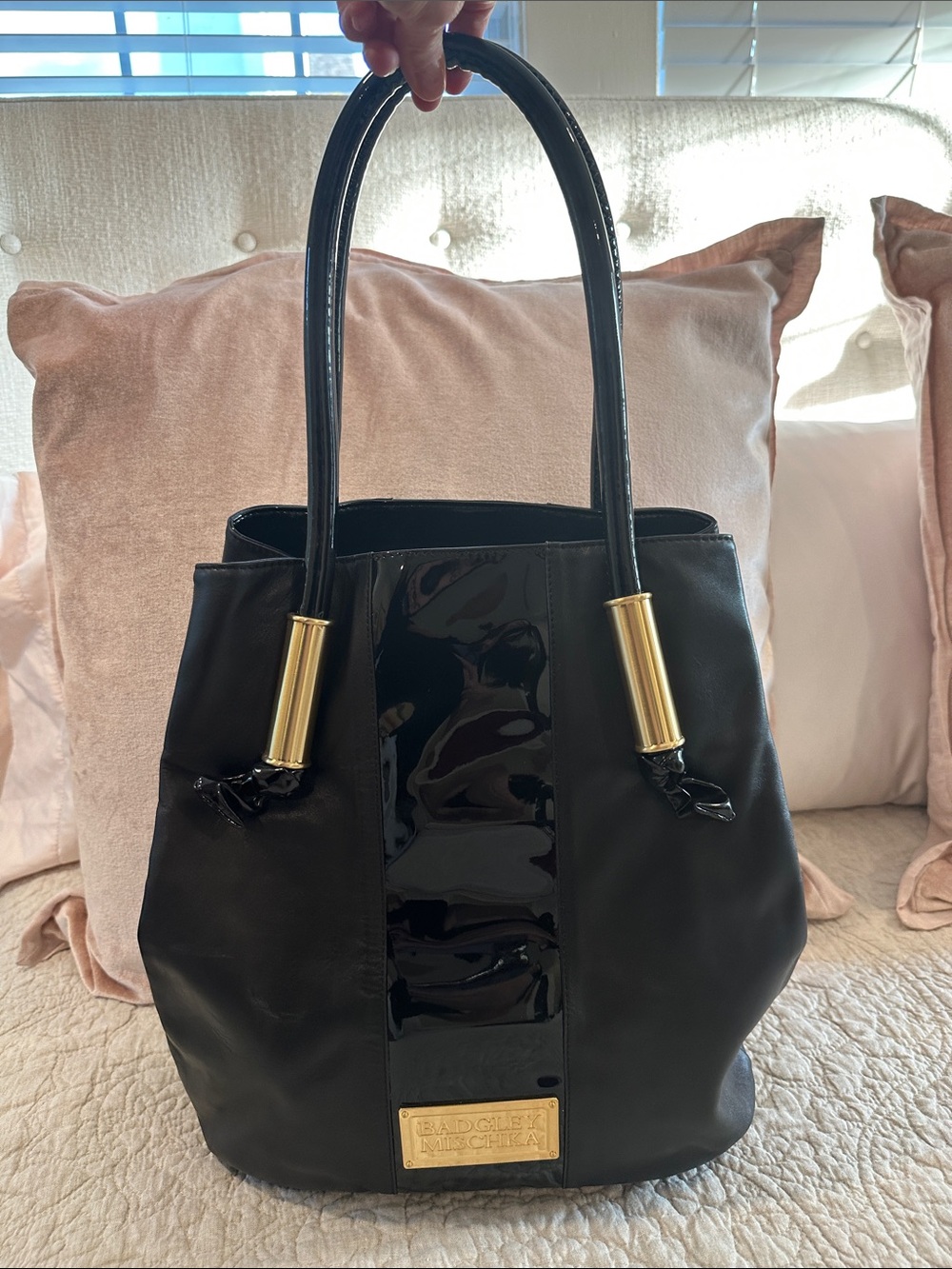 Badgley Mischka Black Leather Tote with Gold Hardware